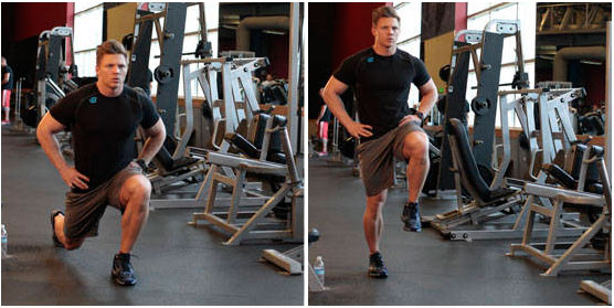 Выпады с подъемом колен